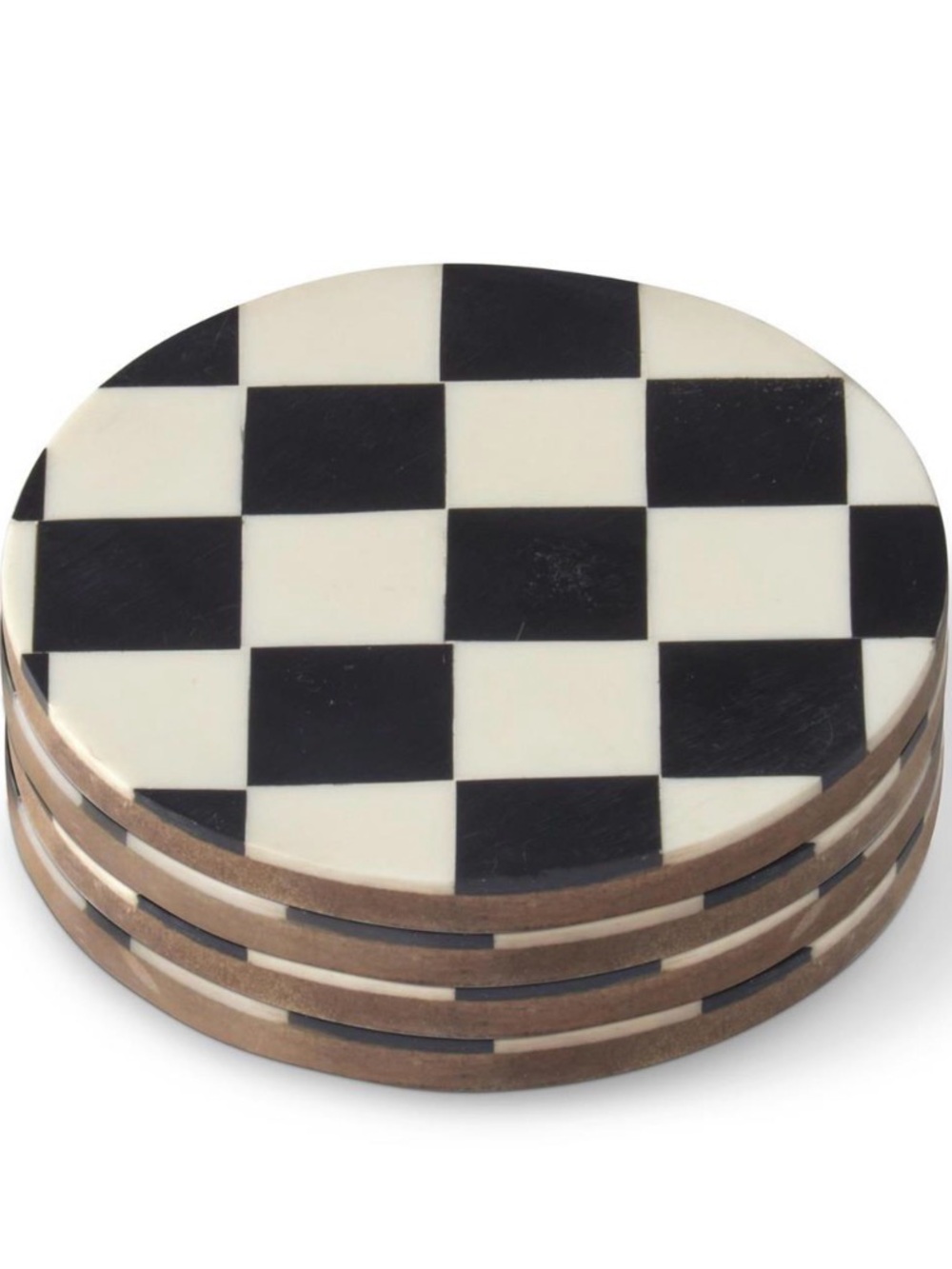 Black and White Enamel Checkered Coasters with Wood Base Set of 4